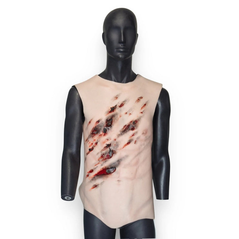 Realistic Male Shrapnel Torso Overlay with Blast Injuries and Foreign Bodies